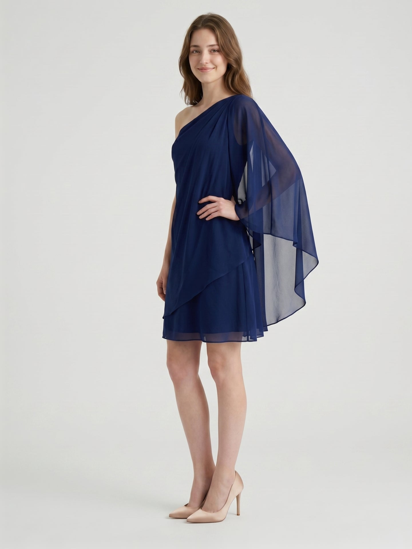 Dark Navy Chiffon A-Line One Shoulder Side Zip Knee-Length Ruffle Bridesmaid Dress
