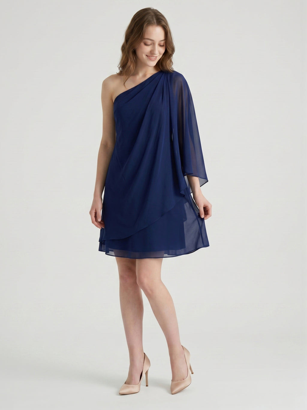 Dark Navy Chiffon A-Line One Shoulder Side Zip Knee-Length Ruffle Bridesmaid Dress
