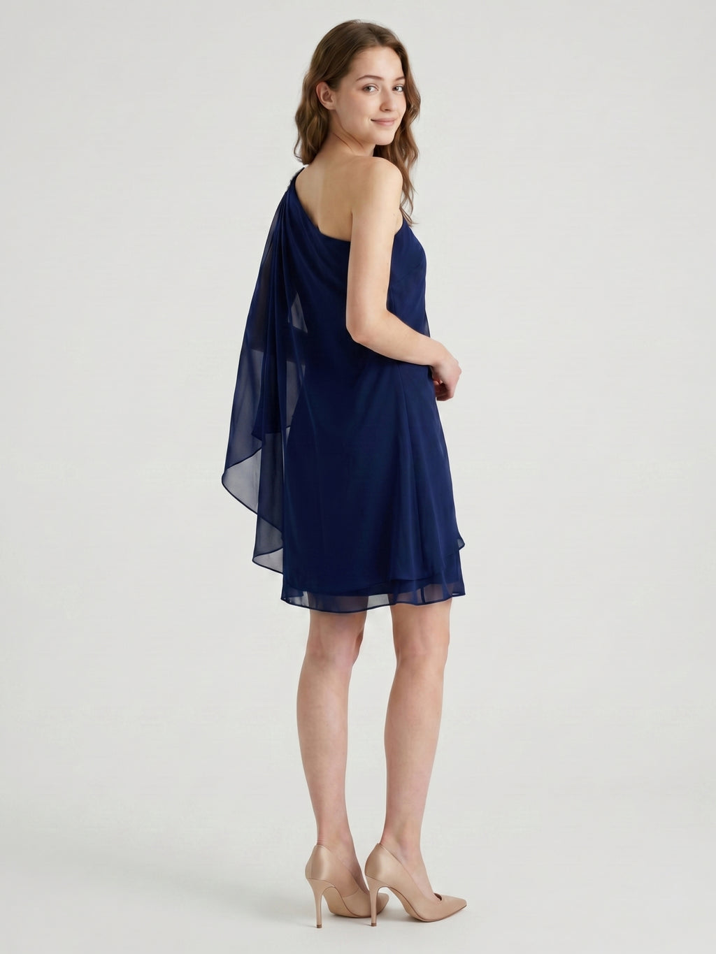 Dark Navy Chiffon A-Line One Shoulder Side Zip Knee-Length Ruffle Bridesmaid Dress