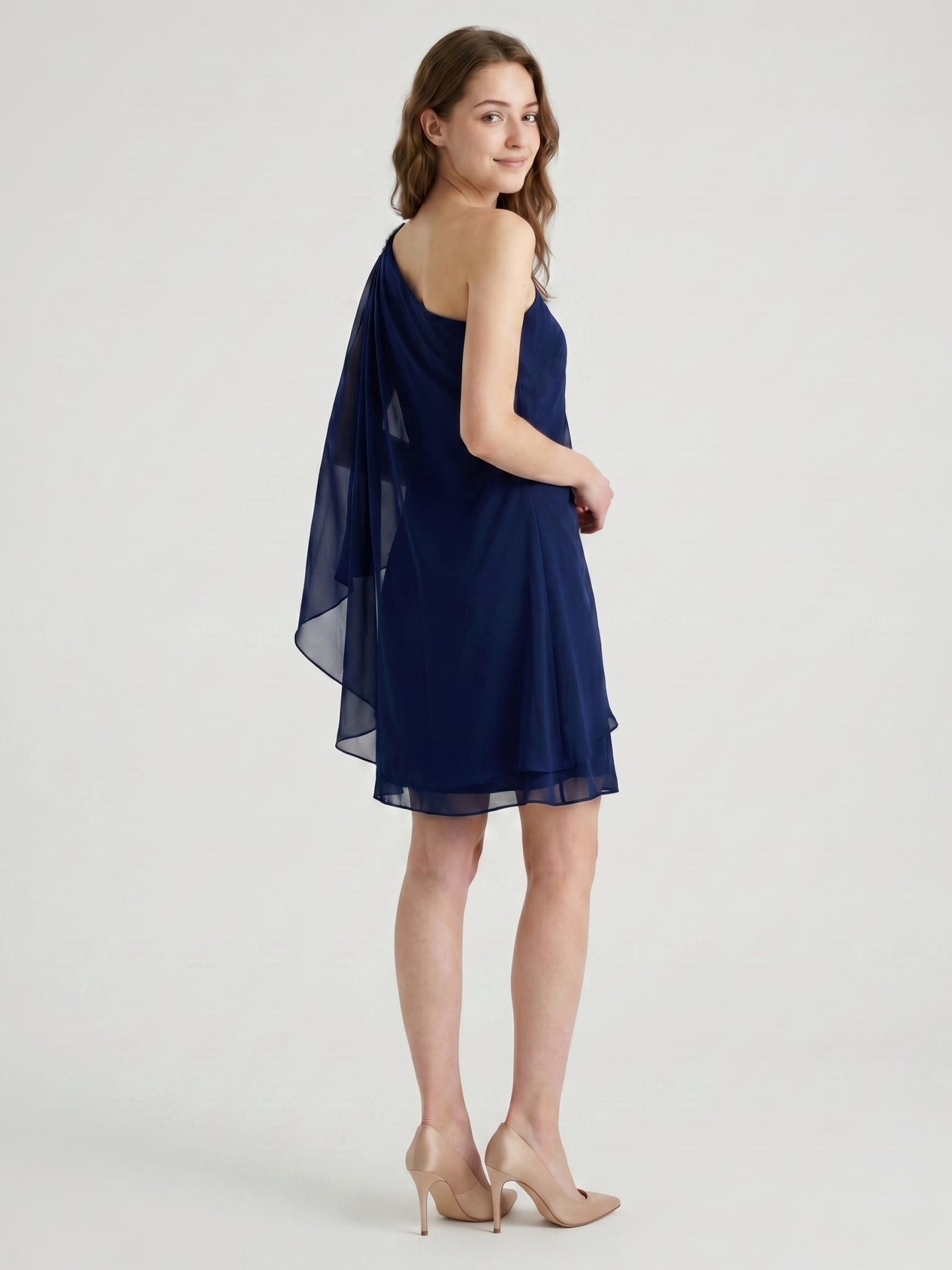 Dark Navy Chiffon A-Line One Shoulder Side Zip Knee-Length Ruffle Bridesmaid Dress