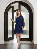 Dark Navy Chiffon A-Line One Shoulder Side Zip Knee-Length Ruffle Bridesmaid Dress