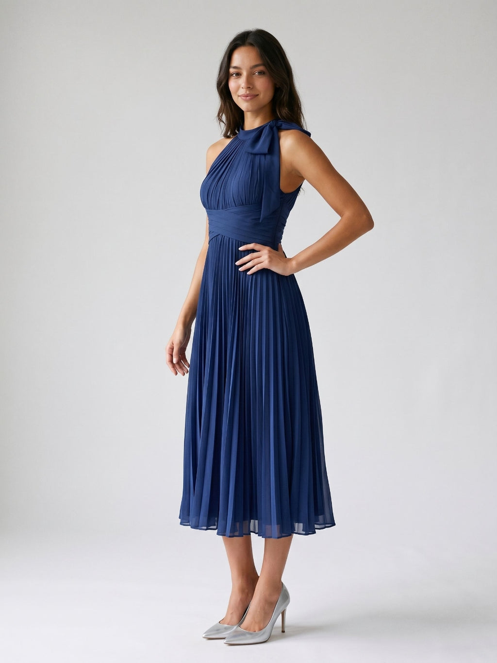 Dark Navy Chiffon A-Line Scoop Neck Tea-Length Dress with Pleating