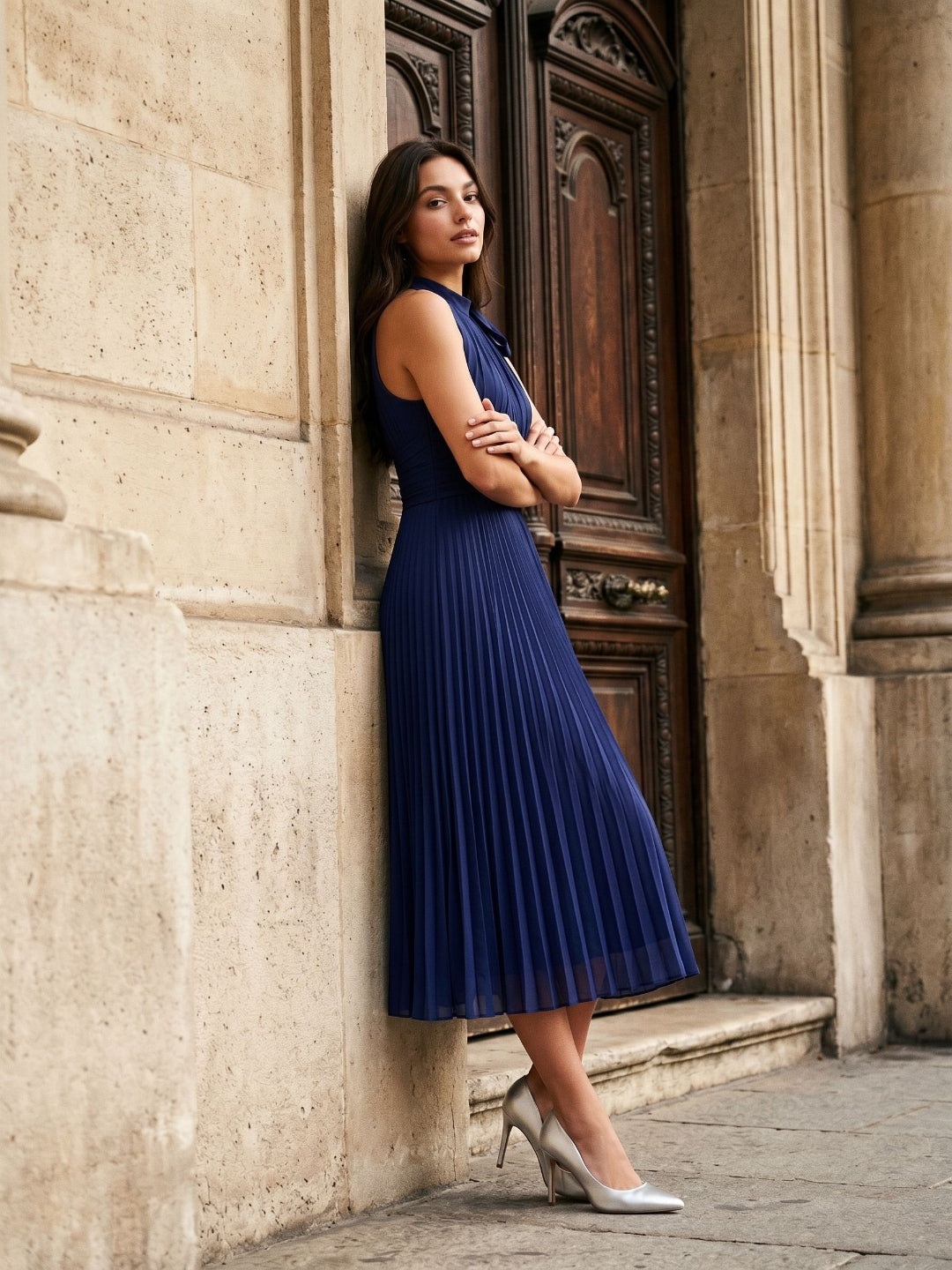Dark Navy Chiffon A-Line Scoop Neck Tea-Length Dress with Pleating