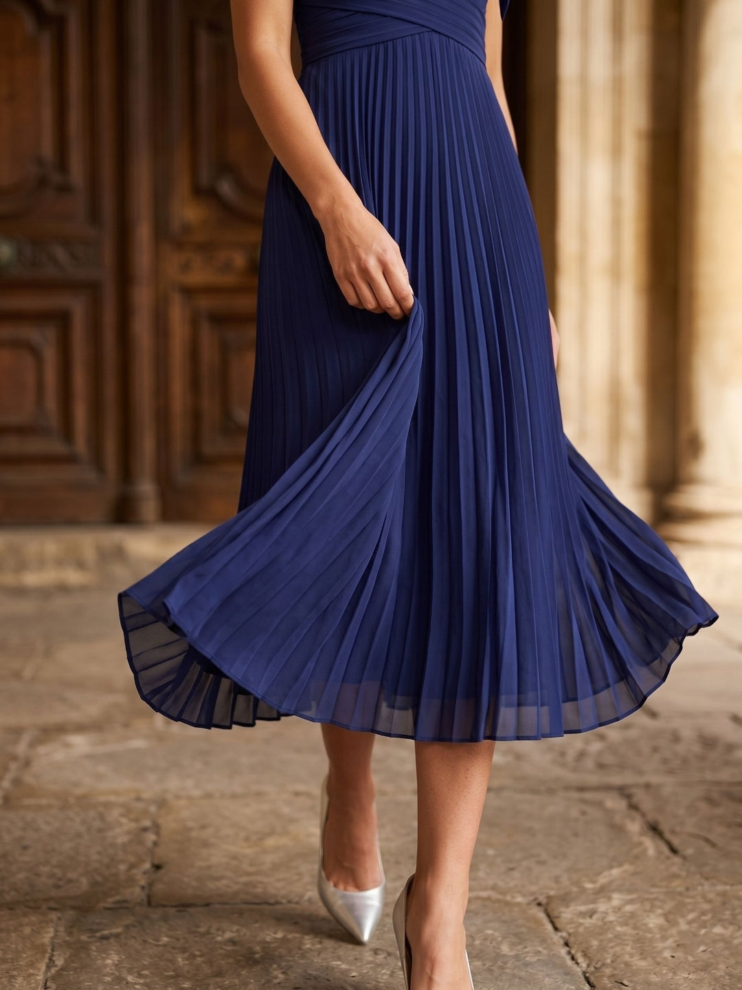 Dark Navy Chiffon A-Line Scoop Neck Tea-Length Dress with Pleating