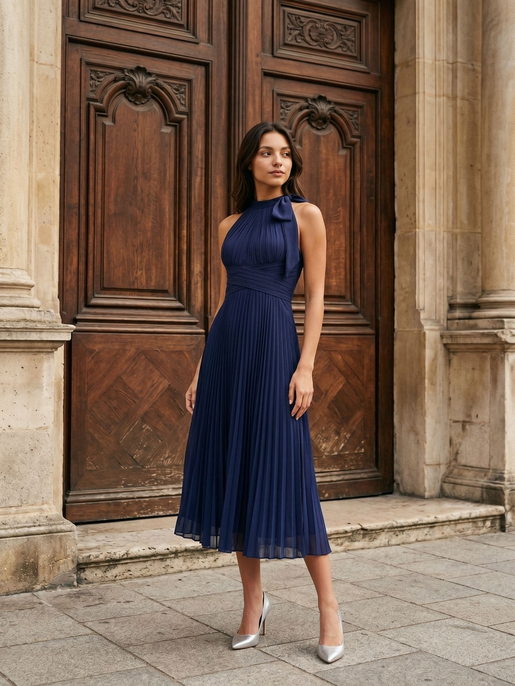 Dark Navy Chiffon A-Line Scoop Neck Tea-Length Dress with Pleating