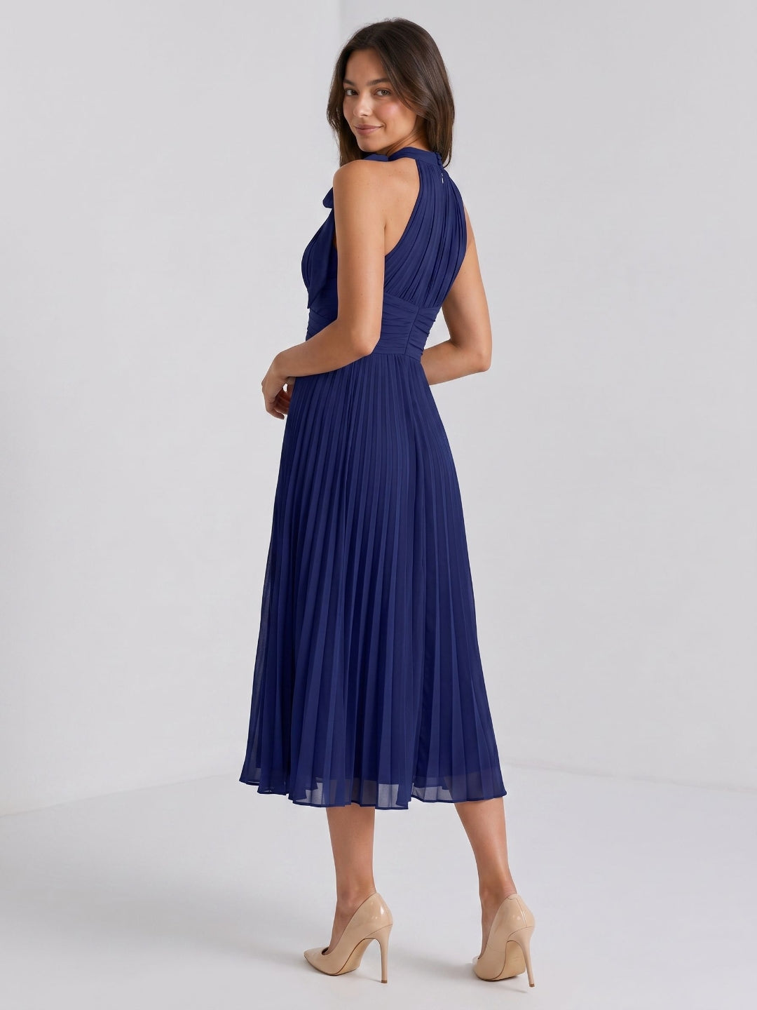 Dark Navy Chiffon A-Line Scoop Neck Tea-Length Dress with Pleating
