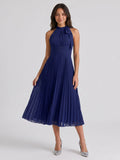 Dark Navy Chiffon A-Line Scoop Neck Tea-Length Dress with Pleating