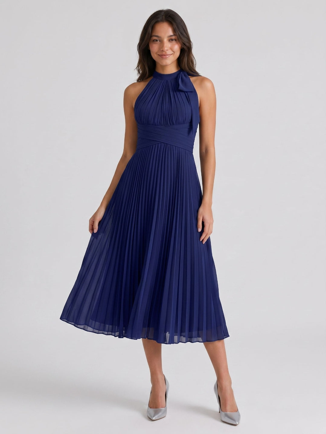 Dark Navy Chiffon A-Line Scoop Neck Tea-Length Dress with Pleating