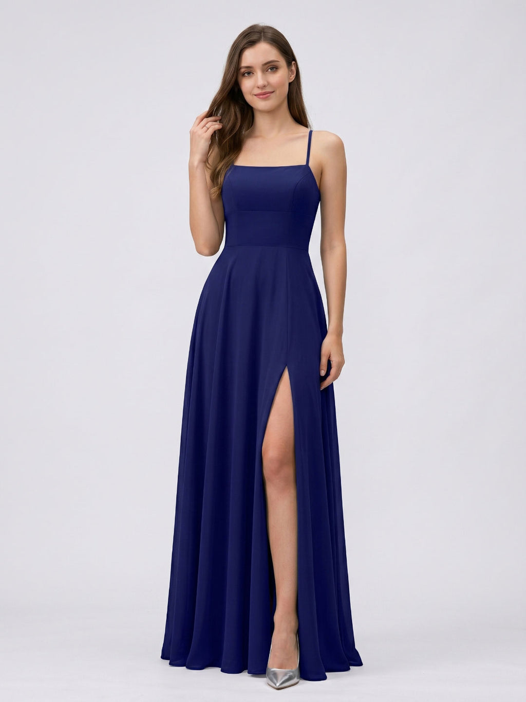 Dark Navy Chiffon A-Line Square Neck Criss-Cross Straps Floor-Length Bridesmaid Dress