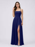 Dark Navy Chiffon A-Line Square Neck Criss-Cross Straps Floor-Length Bridesmaid Dress