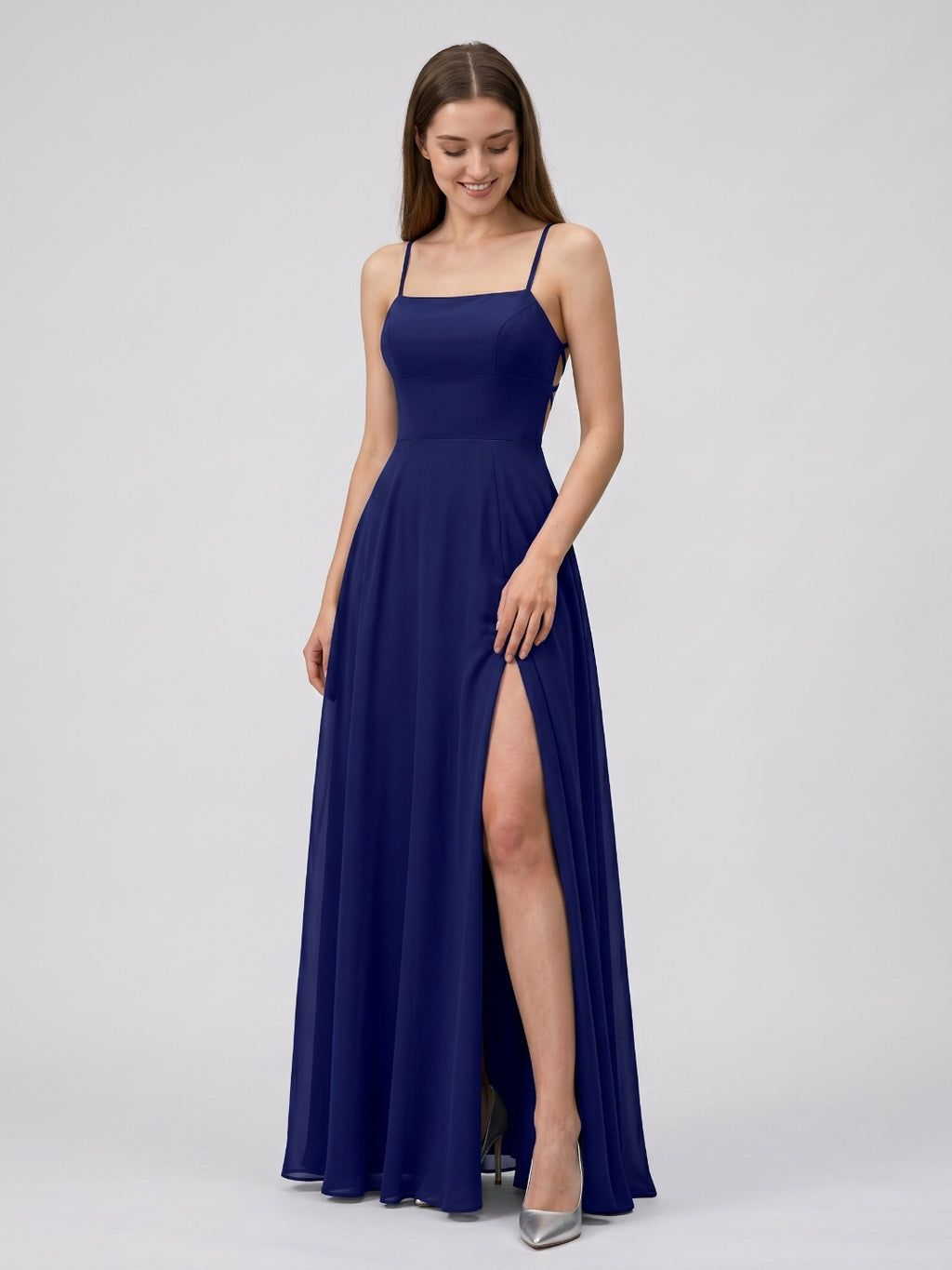 Dark Navy Chiffon A-Line Square Neck Criss-Cross Straps Floor-Length Bridesmaid Dress