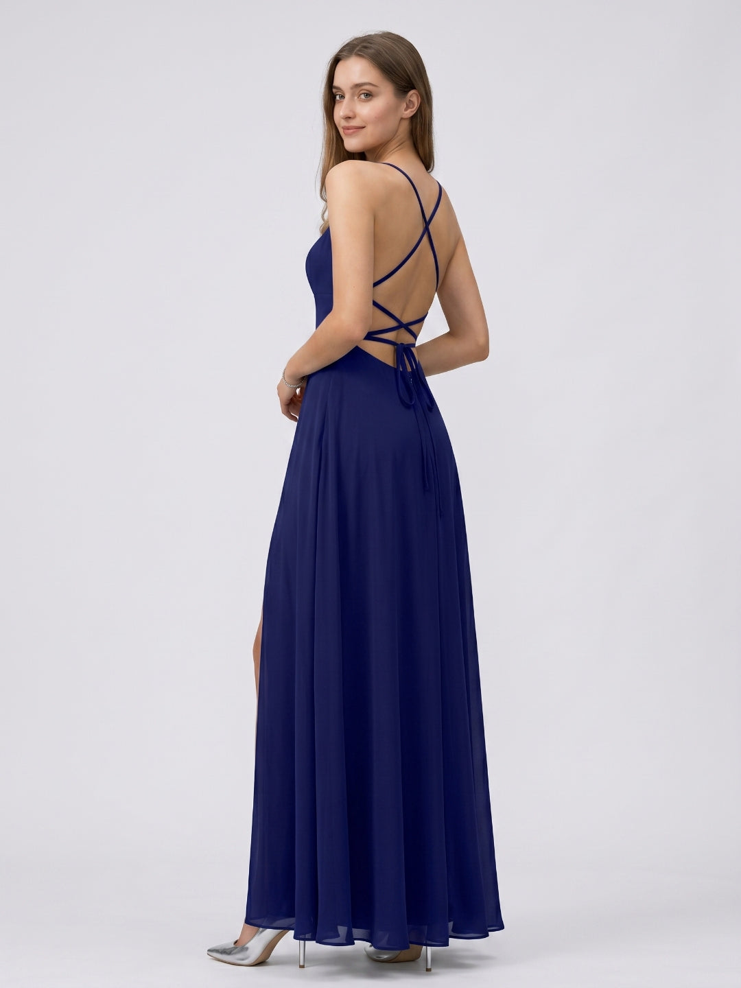 Dark Navy Chiffon A-Line Square Neck Criss-Cross Straps Floor-Length Bridesmaid Dress