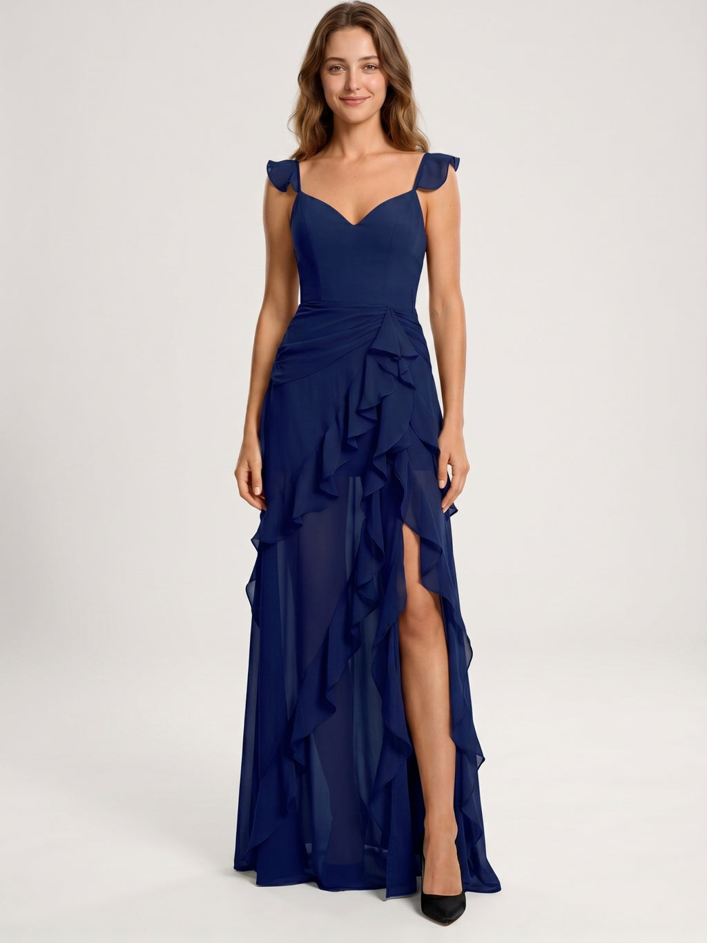 Dark Navy Chiffon A-Line Sweetheart Lace-Up Back Asymmetrical Cascading Ruffle Dress