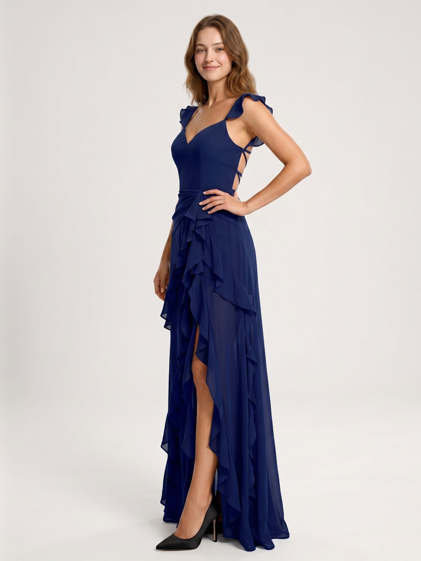 Dark Navy Chiffon A-Line Sweetheart Lace-Up Back Asymmetrical Cascading Ruffle Dress