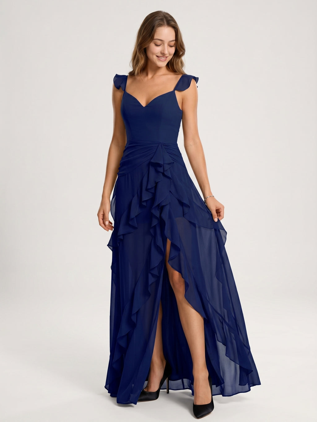 Dark Navy Chiffon A-Line Sweetheart Lace-Up Back Asymmetrical Cascading Ruffle Dress