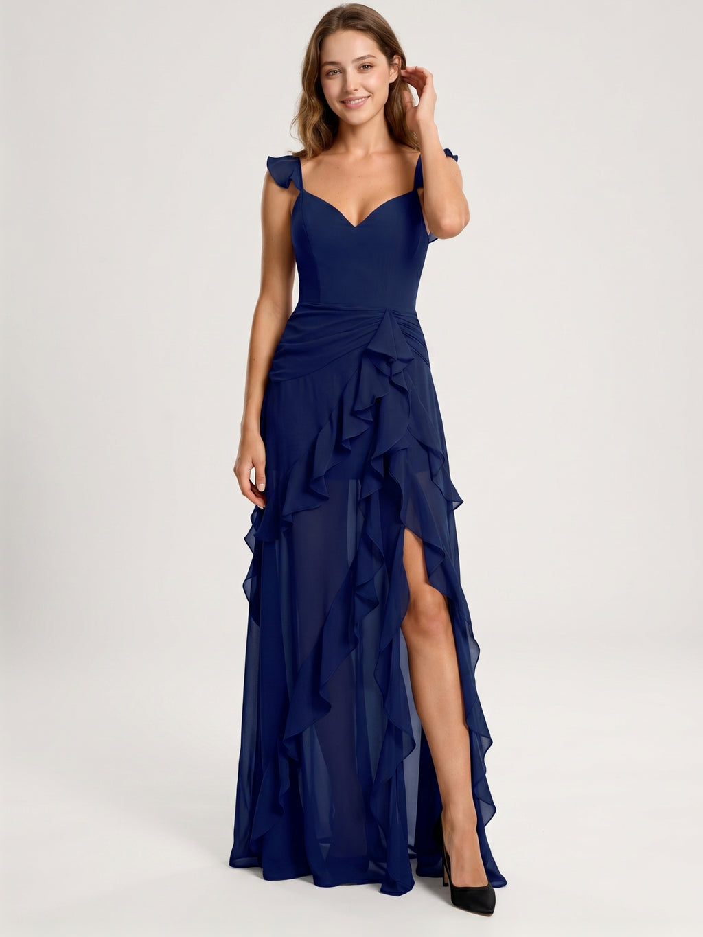 Dark Navy Chiffon A-Line Sweetheart Lace-Up Back Asymmetrical Cascading Ruffle Dress