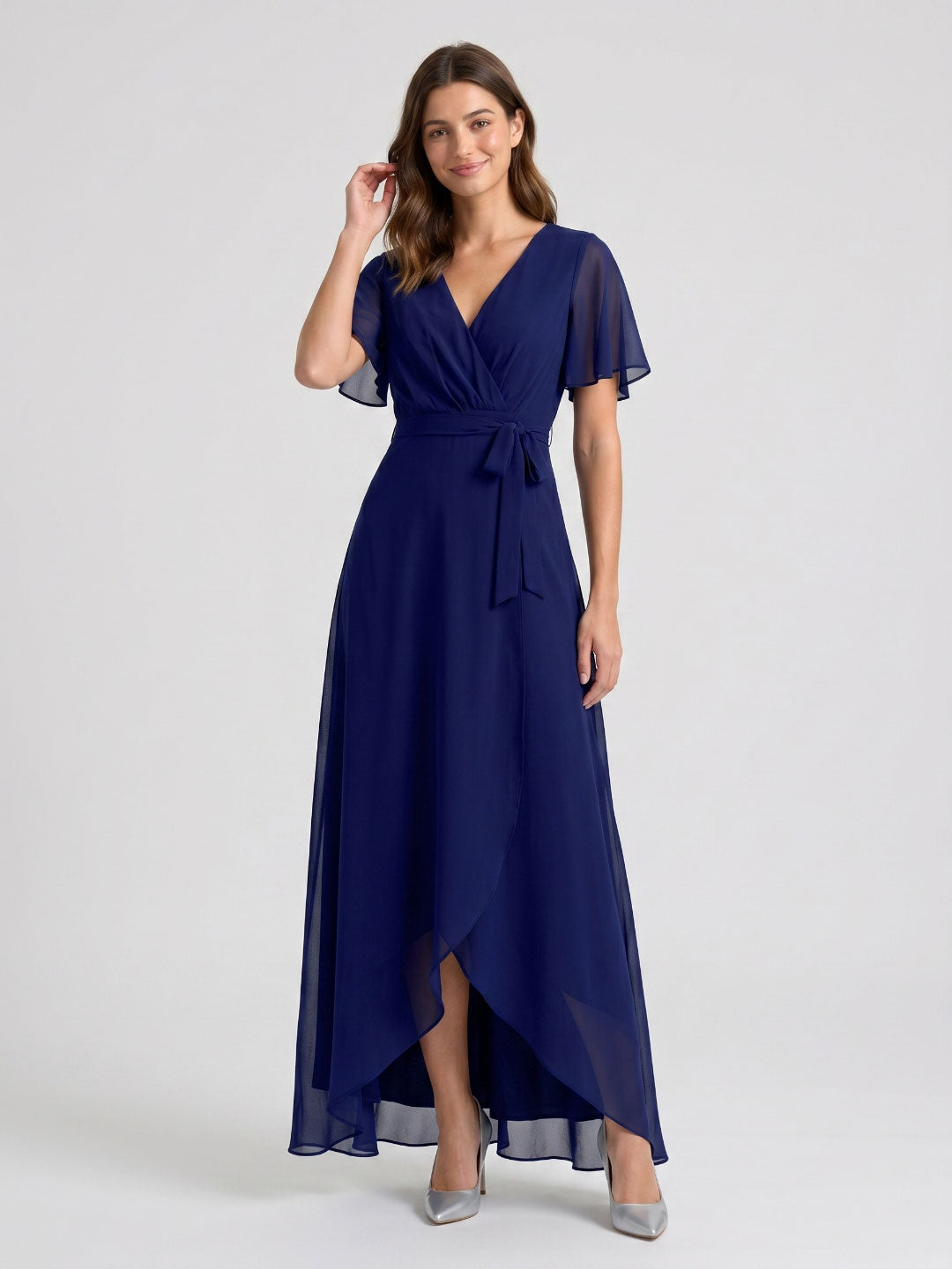 Dark Navy Chiffon A-Line V-Neck Asymmetrical Bridesmaid Dress with Bow