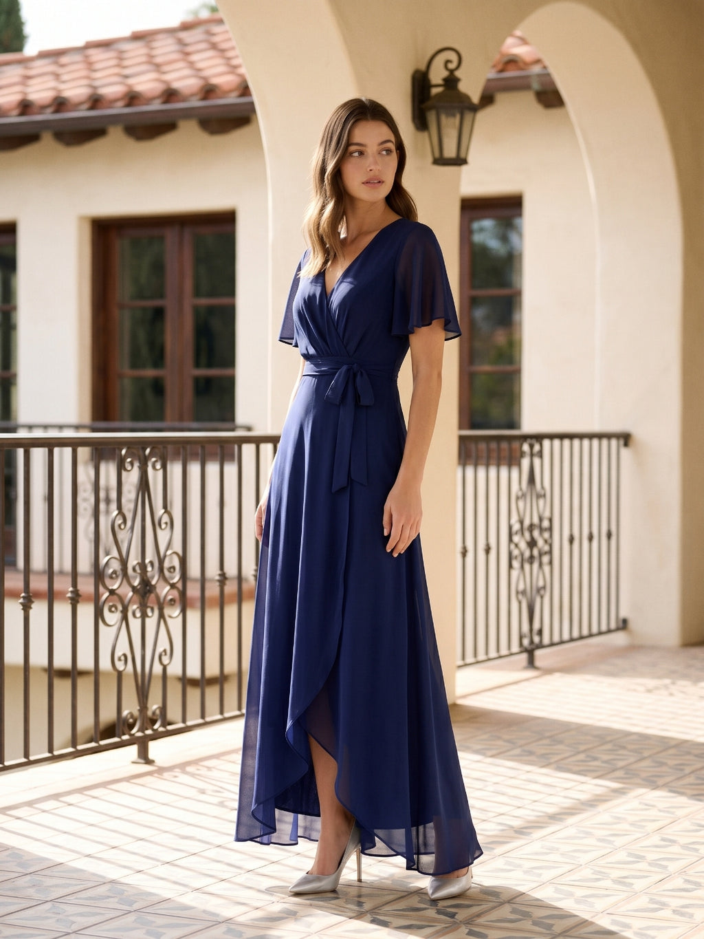 Dark Navy Chiffon A-Line V-Neck Asymmetrical Bridesmaid Dress with Bow