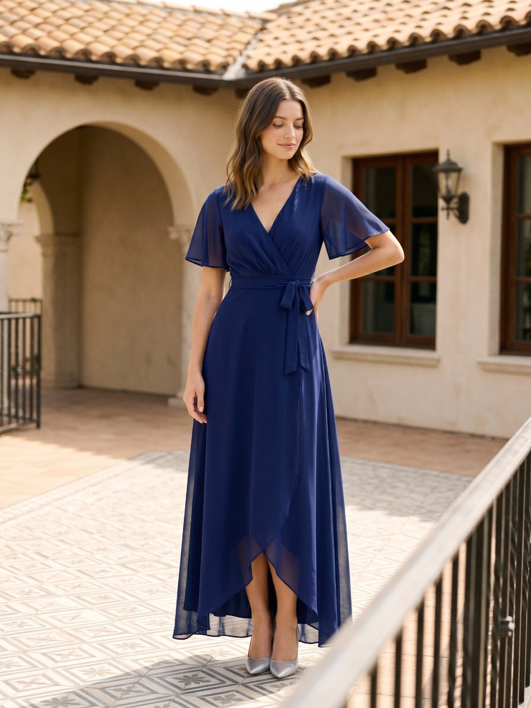 Dark Navy Chiffon A-Line V-Neck Asymmetrical Bridesmaid Dress with Bow