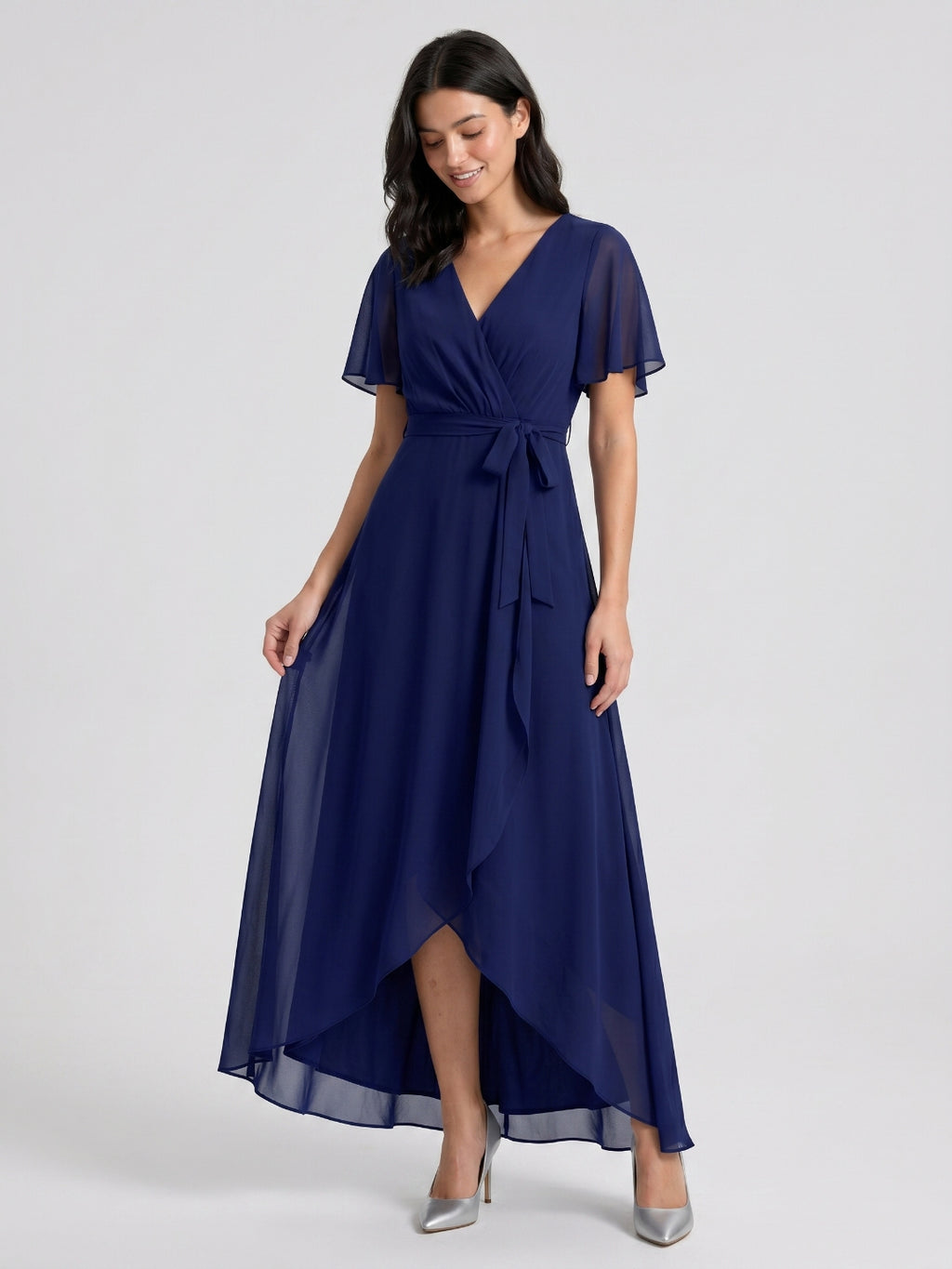 Dark Navy Chiffon A-Line V-Neck Asymmetrical Bridesmaid Dress with Bow