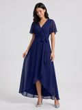Dark Navy Chiffon A-Line V-Neck Asymmetrical Bridesmaid Dress with Bow