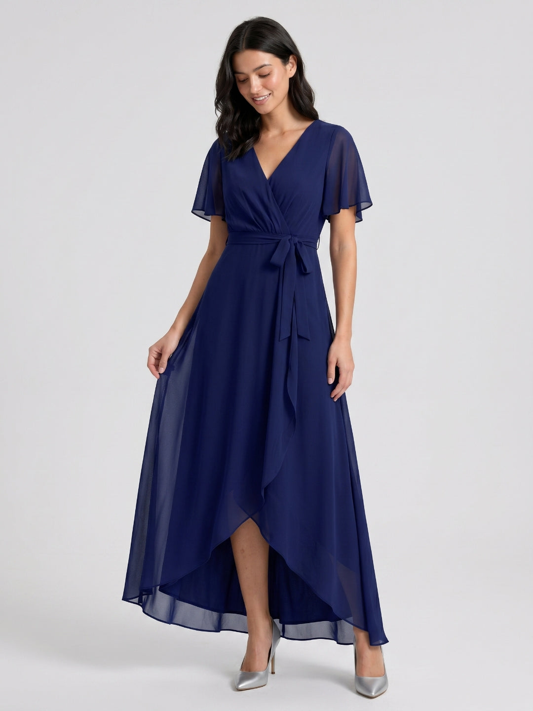 Dark Navy Chiffon A-Line V-Neck Asymmetrical Bridesmaid Dress with Bow