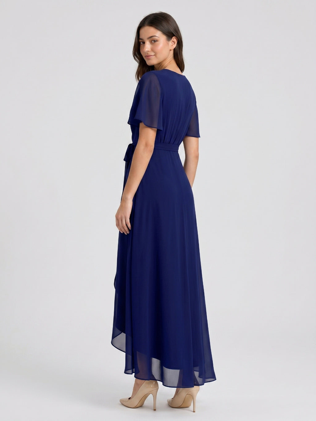 Dark Navy Chiffon A-Line V-Neck Asymmetrical Bridesmaid Dress with Bow