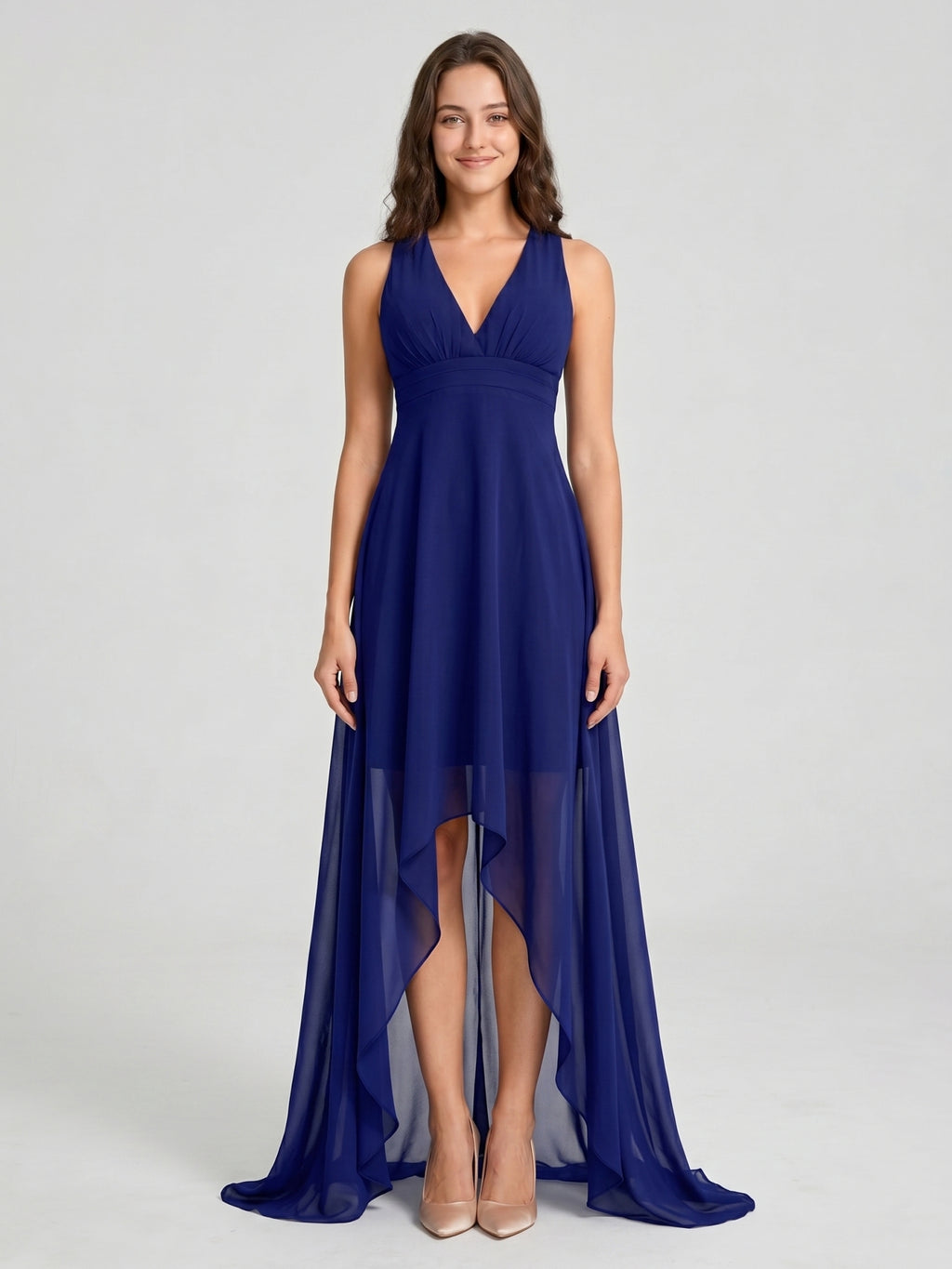 Dark Navy Chiffon A-Line V-Neck Keyhole Back Asymmetrical Bridesmaid Dress