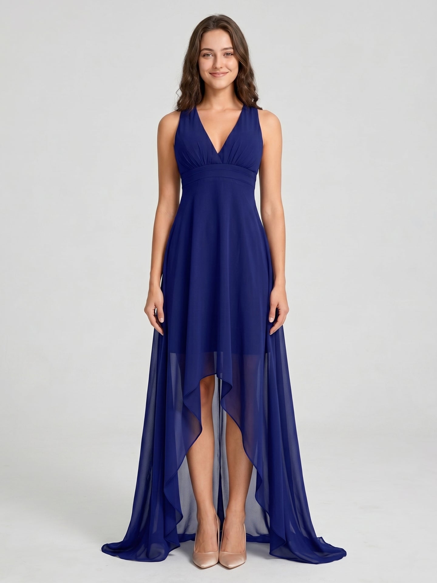Dark Navy Chiffon A-Line V-Neck Keyhole Back Asymmetrical Bridesmaid Dress