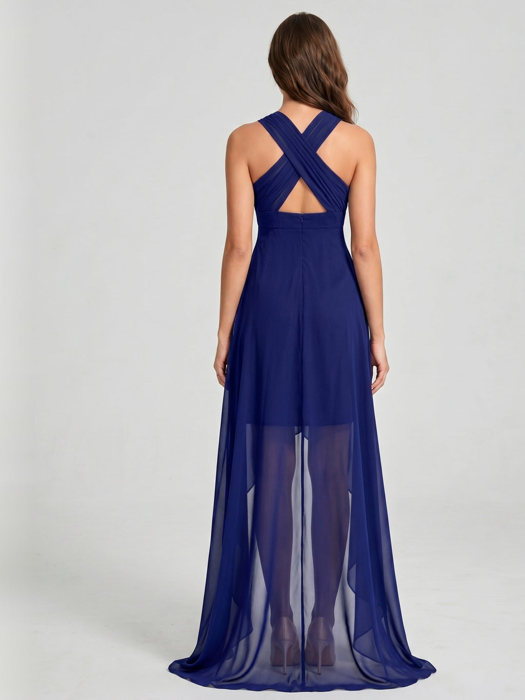 Dark Navy Chiffon A-Line V-Neck Keyhole Back Asymmetrical Bridesmaid Dress