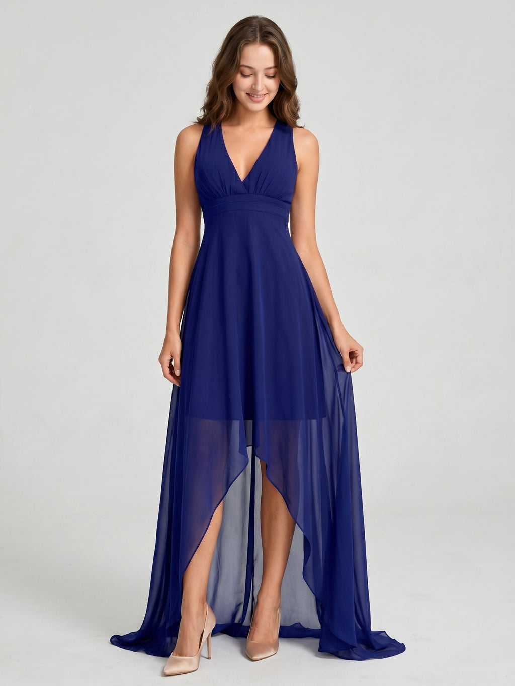 Dark Navy Chiffon A-Line V-Neck Keyhole Back Asymmetrical Bridesmaid Dress