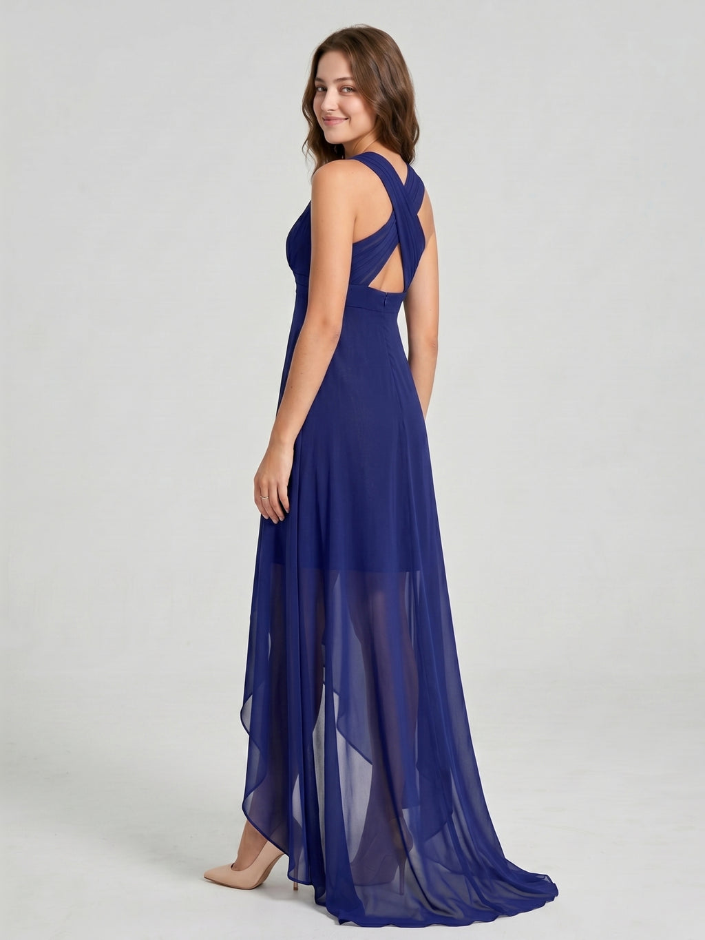 Dark Navy Chiffon A-Line V-Neck Keyhole Back Asymmetrical Bridesmaid Dress