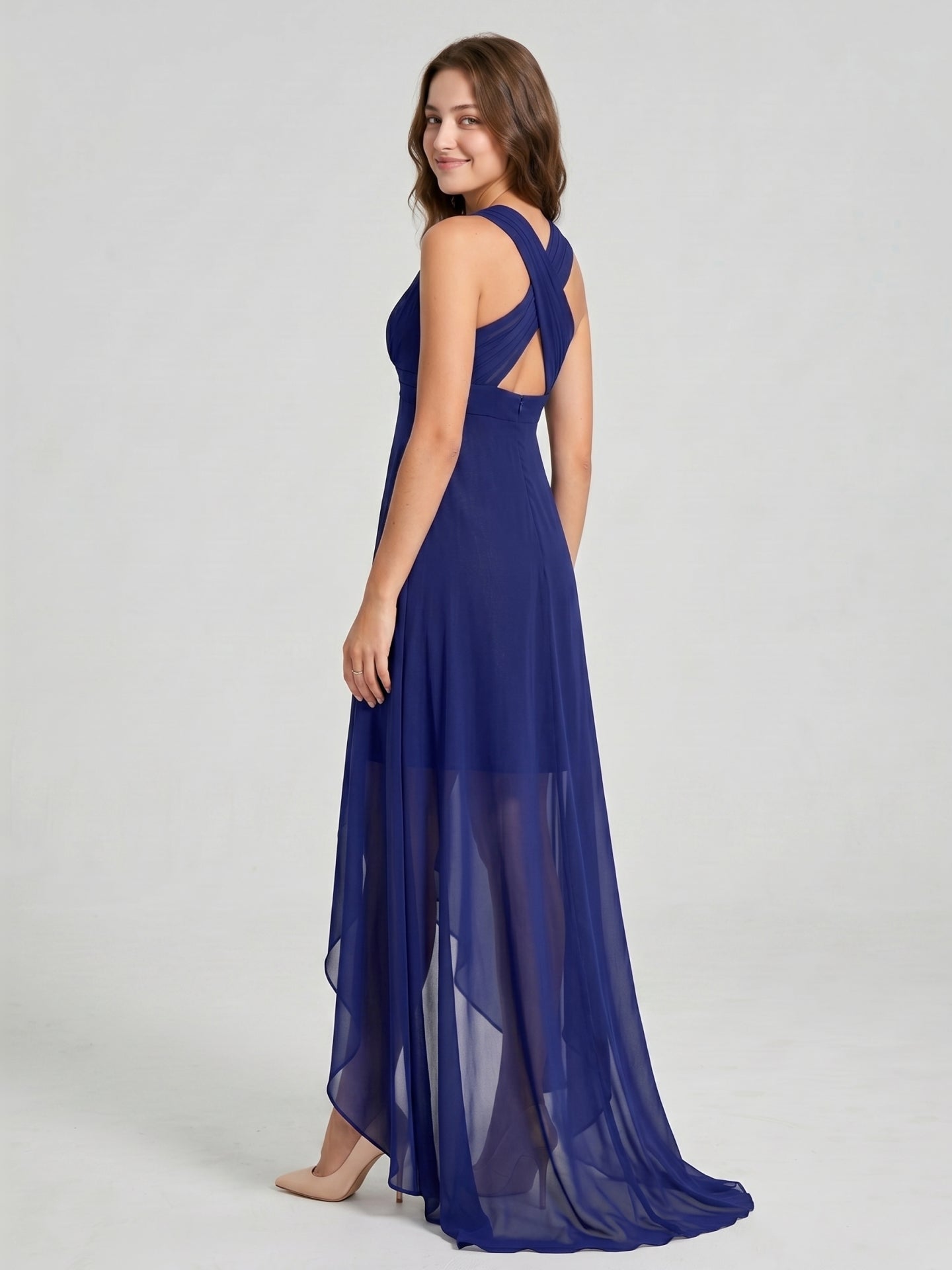 Dark Navy Chiffon A-Line V-Neck Keyhole Back Asymmetrical Bridesmaid Dress
