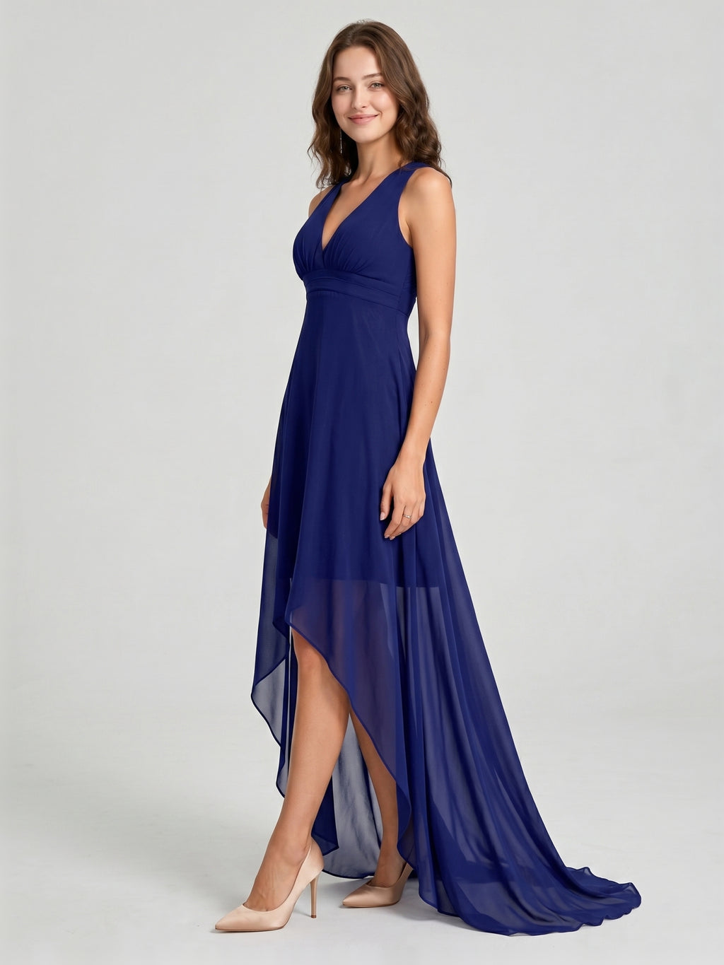 Dark Navy Chiffon A-Line V-Neck Keyhole Back Asymmetrical Bridesmaid Dress
