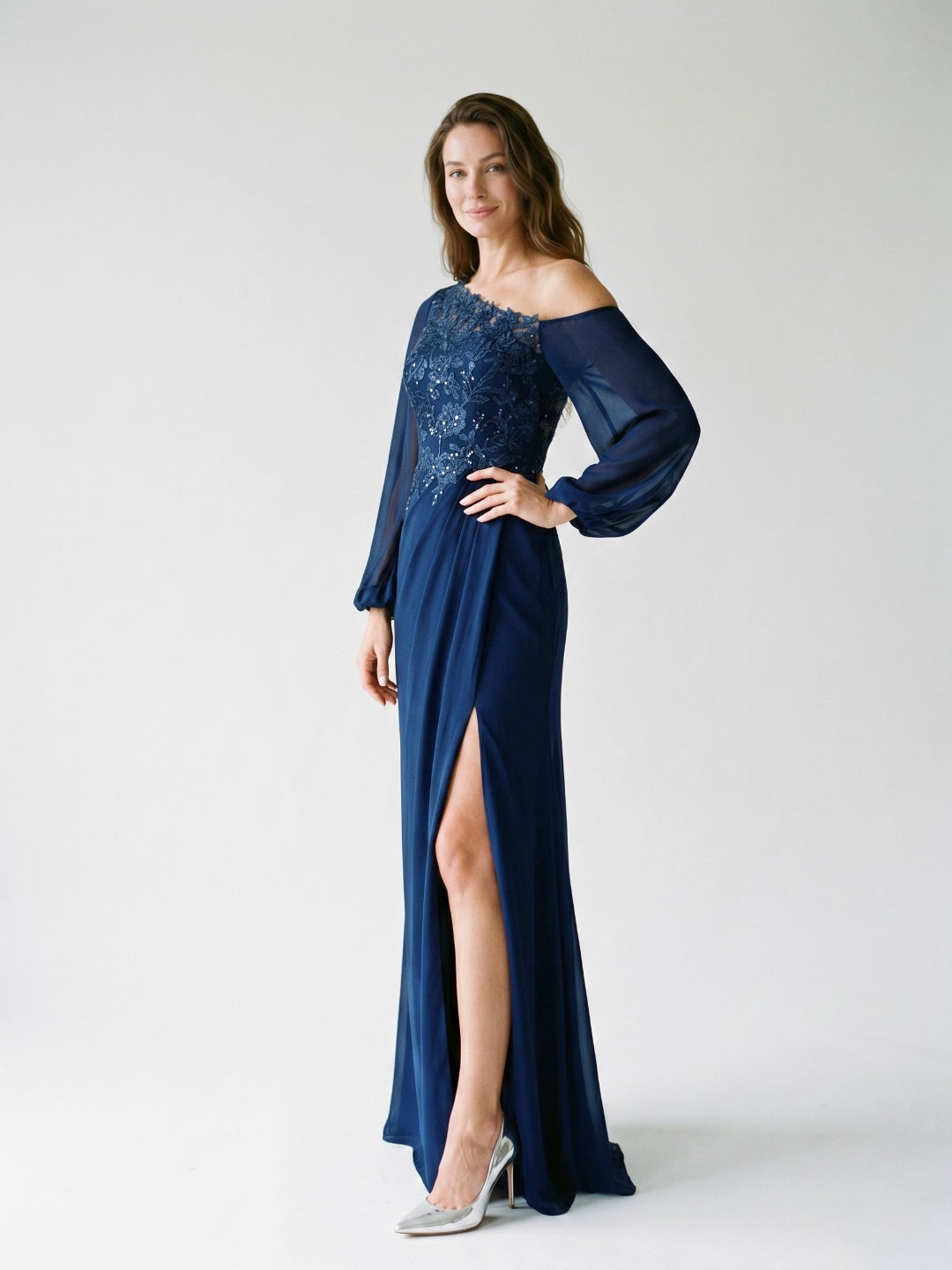 Dark Navy Chiffon Sheath One Shoulder Illusion Floor-Length Dress with Sequins