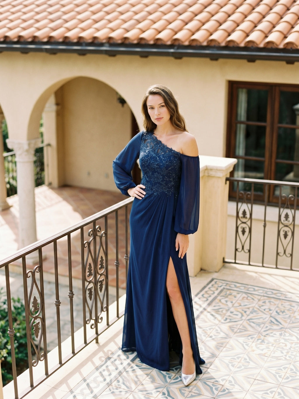 Dark Navy Chiffon Sheath One Shoulder Illusion Floor-Length Dress with Sequins