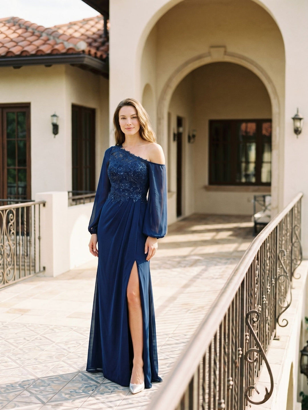 Dark Navy Chiffon Sheath One Shoulder Illusion Floor-Length Dress with Sequins