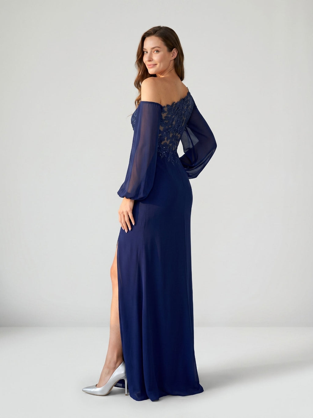 Dark Navy Chiffon Sheath One Shoulder Illusion Floor-Length Dress with Sequins