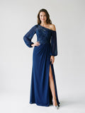 Dark Navy Chiffon Sheath One Shoulder Illusion Floor-Length Dress with Sequins