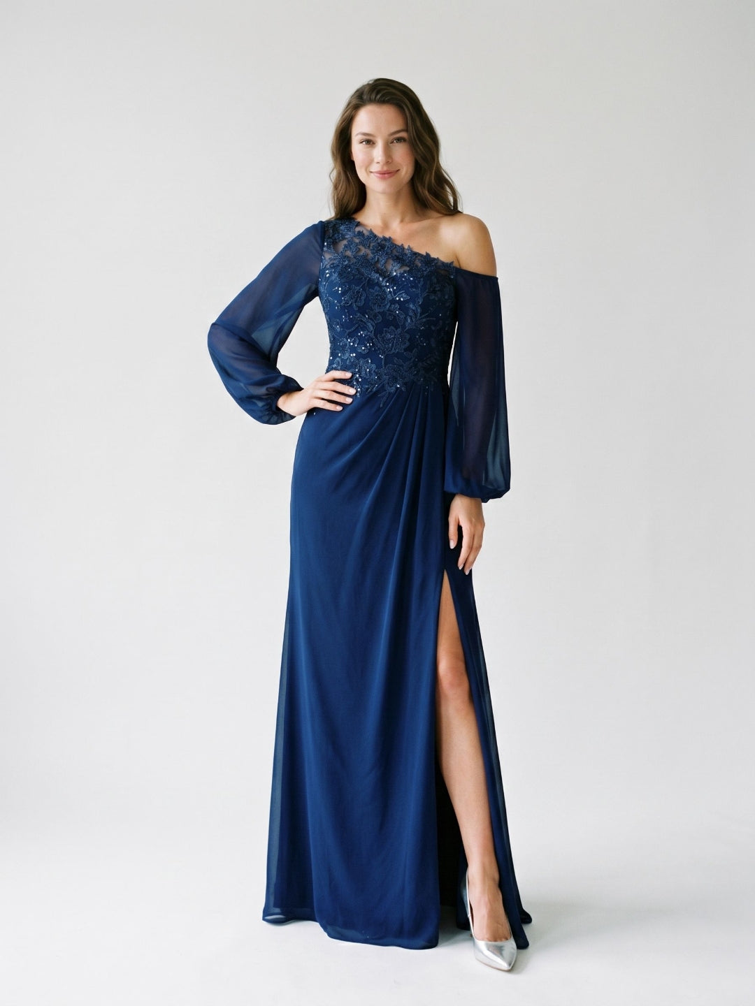 Dark Navy Chiffon Sheath One Shoulder Illusion Floor-Length Dress with Sequins