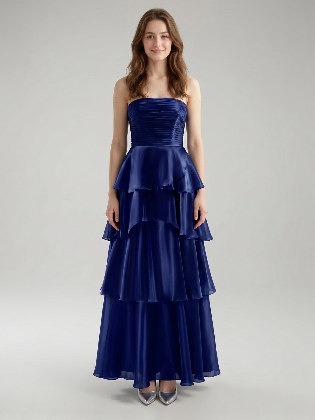 Dark Navy Satin A-Line Straight Neck Back Zip Floor-Length Cascading Ruffle Dress