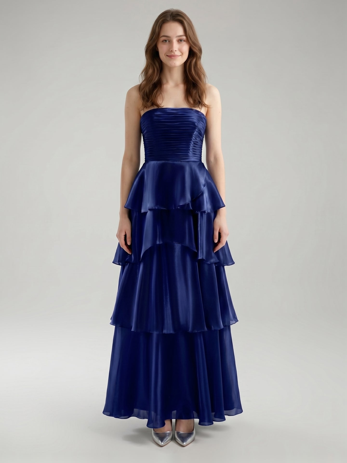 Dark Navy Satin A-Line Straight Neck Back Zip Floor-Length Cascading Ruffle Dress