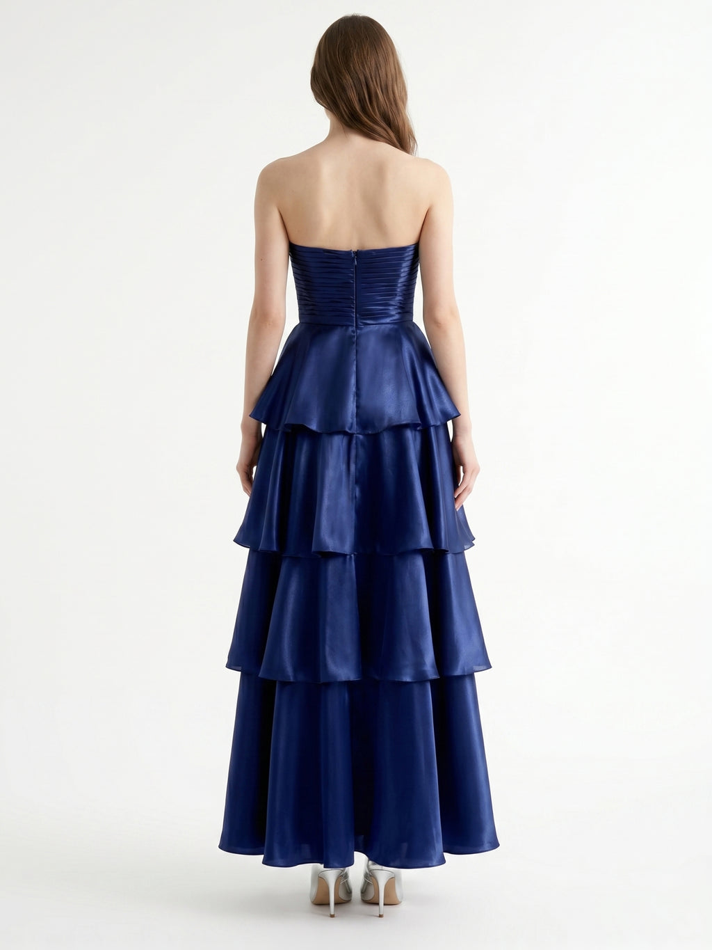 Dark Navy Satin A-Line Straight Neck Back Zip Floor-Length Cascading Ruffle Dress