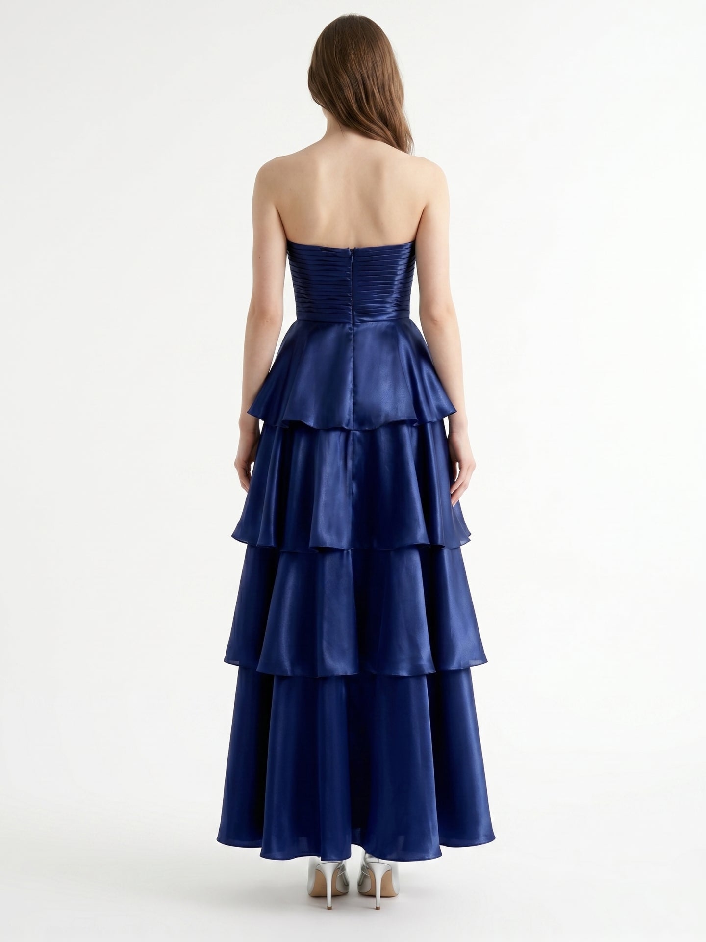 Dark Navy Satin A-Line Straight Neck Back Zip Floor-Length Cascading Ruffle Dress