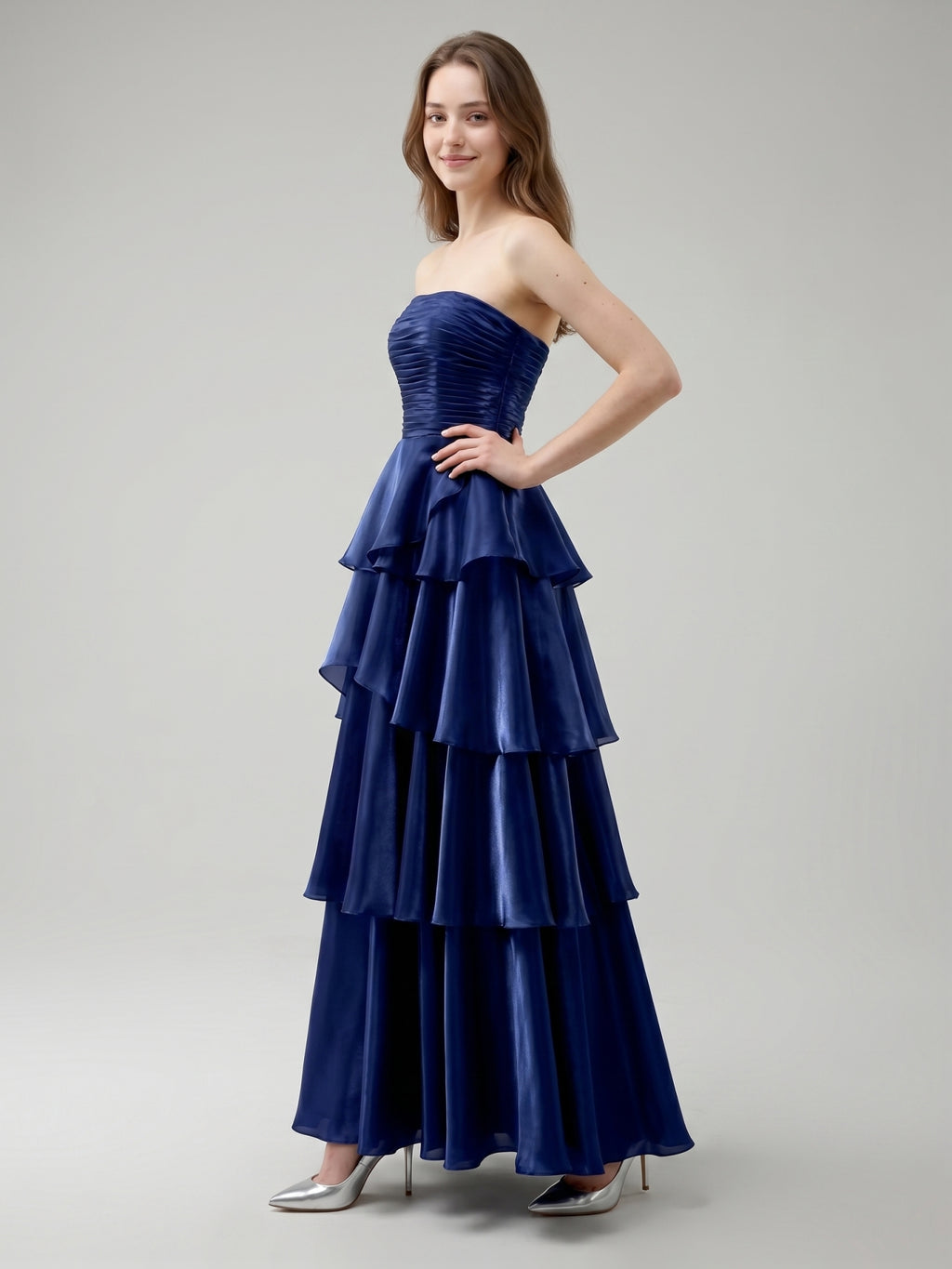 Dark Navy Satin A-Line Straight Neck Back Zip Floor-Length Cascading Ruffle Dress