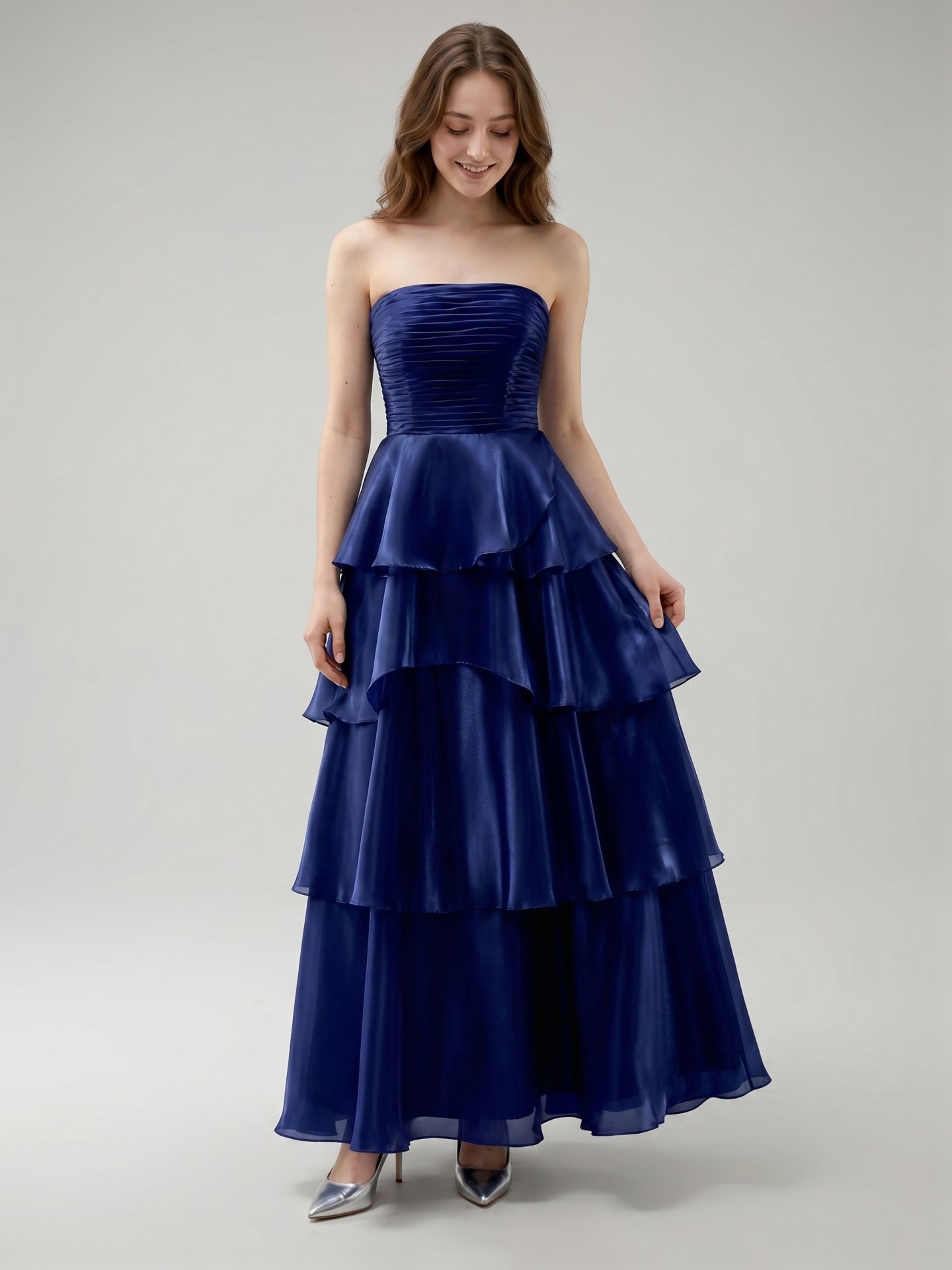 Dark Navy Satin A-Line Straight Neck Back Zip Floor-Length Cascading Ruffle Dress