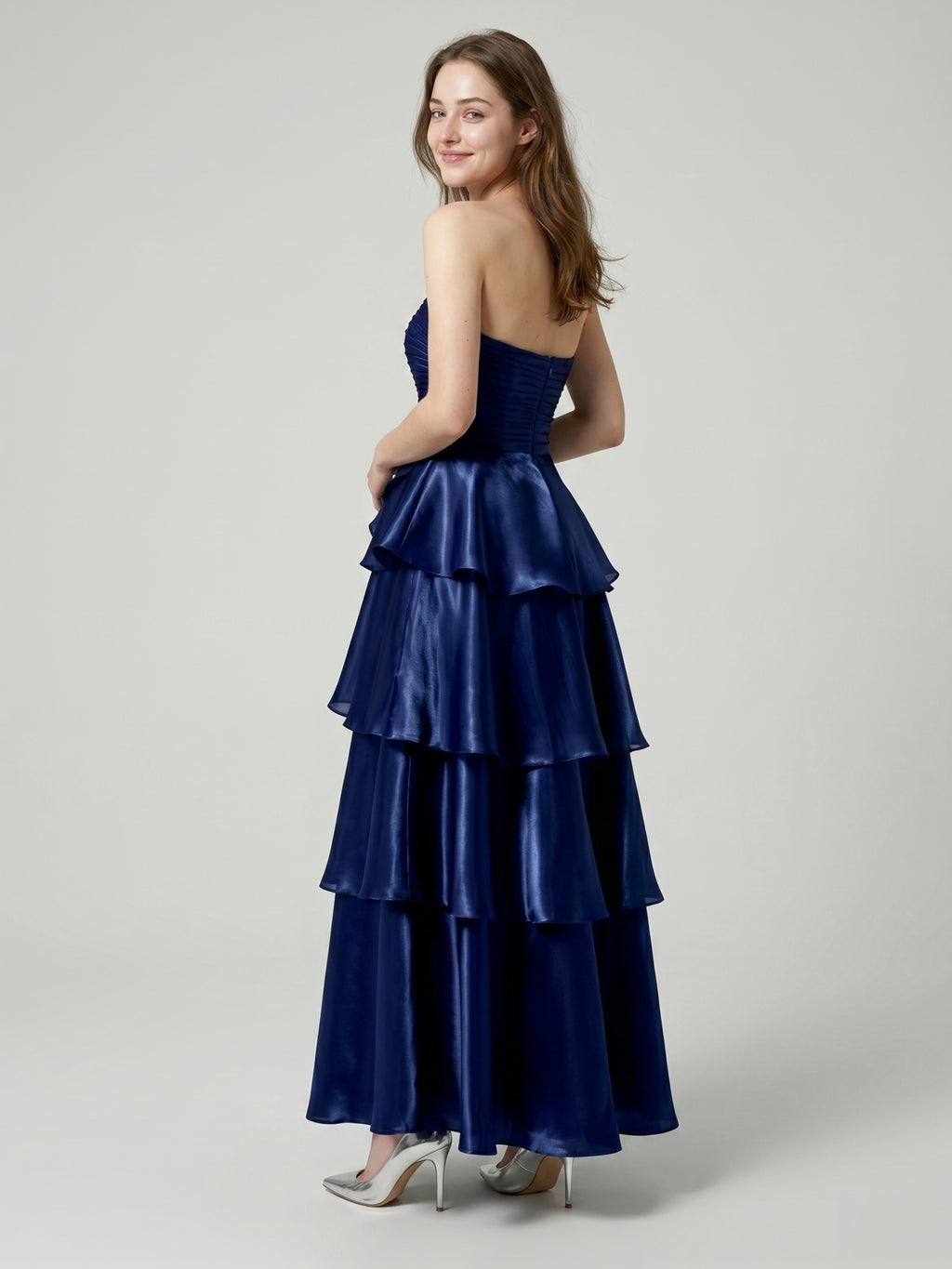 Dark Navy Satin A-Line Straight Neck Back Zip Floor-Length Cascading Ruffle Dress