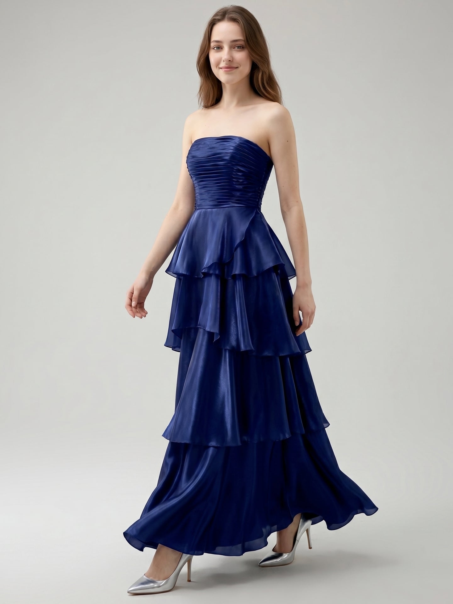 Dark Navy Satin A-Line Straight Neck Back Zip Floor-Length Cascading Ruffle Dress