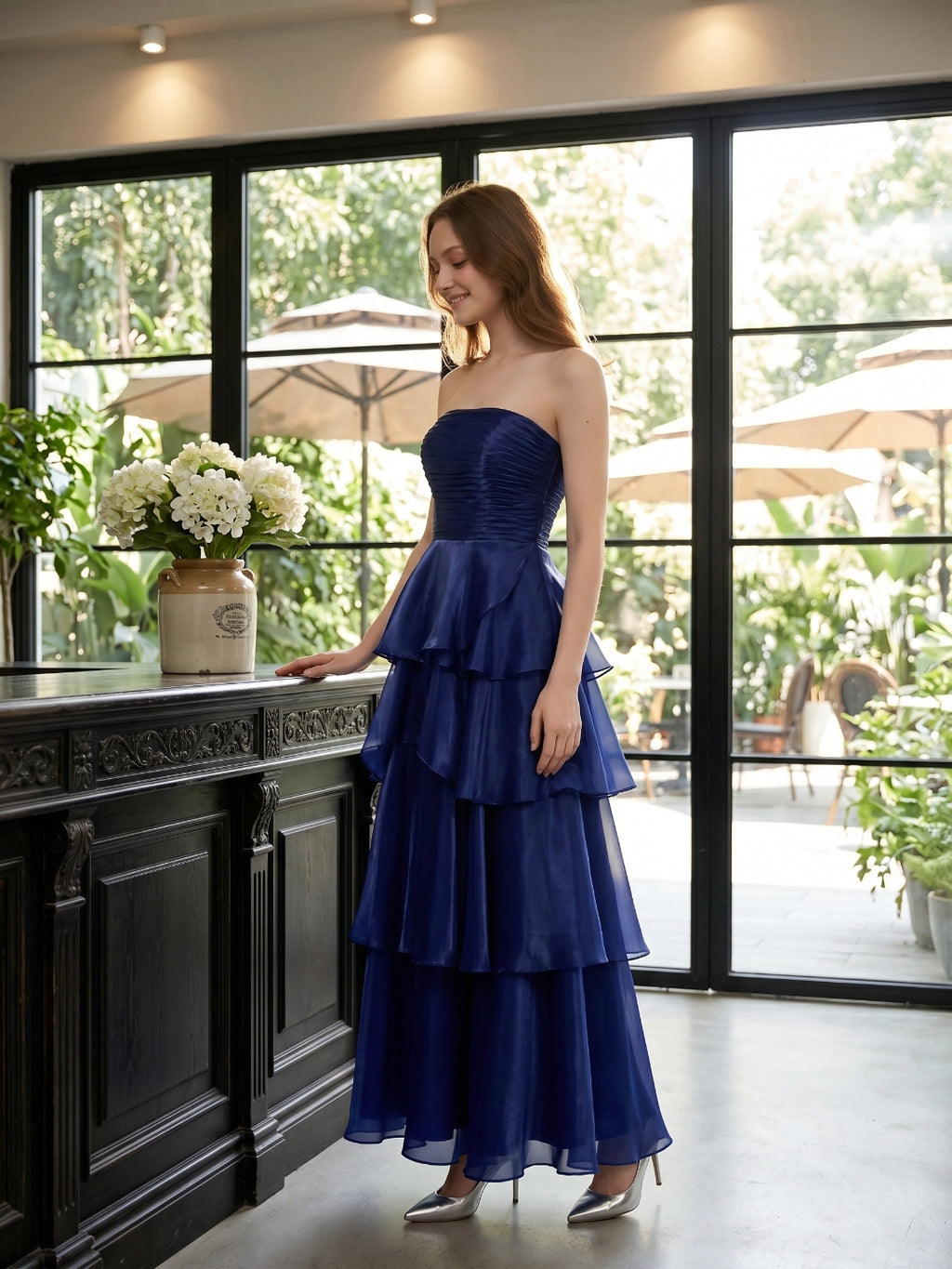 Dark Navy Satin A-Line Straight Neck Back Zip Floor-Length Cascading Ruffle Dress