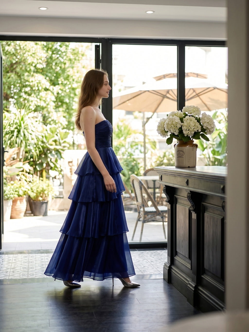 Dark Navy Satin A-Line Straight Neck Back Zip Floor-Length Cascading Ruffle Dress